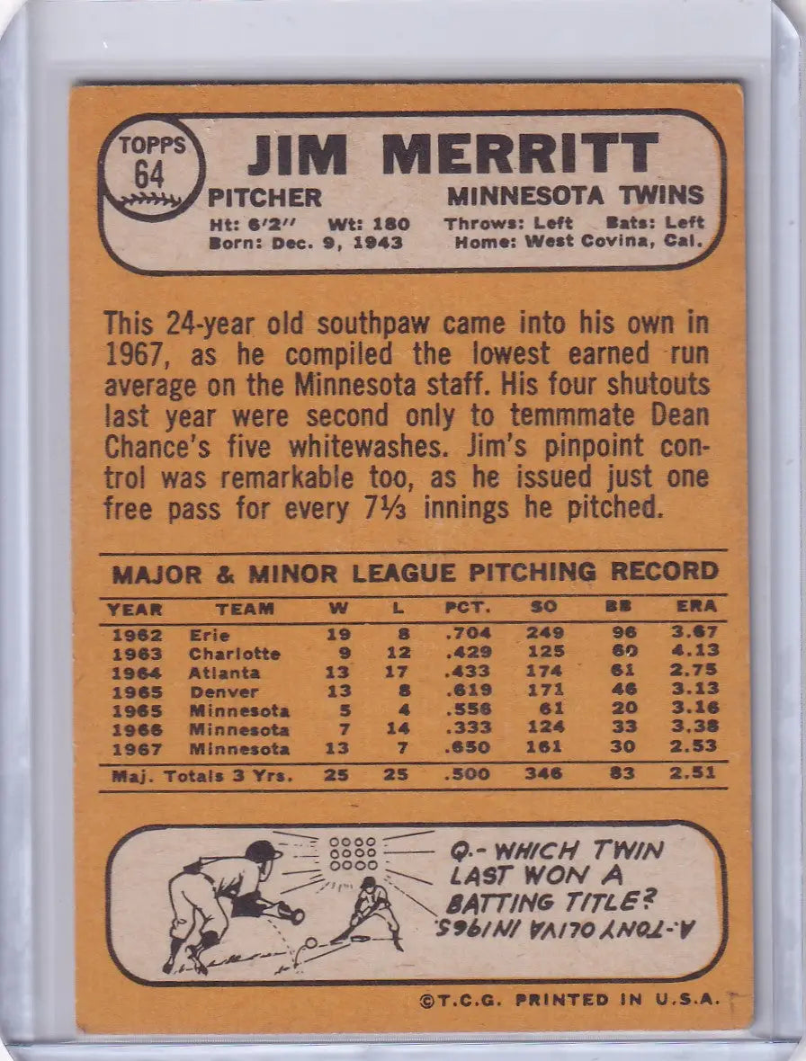 1968 Topps Baseball card of Jim Merritt showcasing his stats and biography for Minnesota Twins