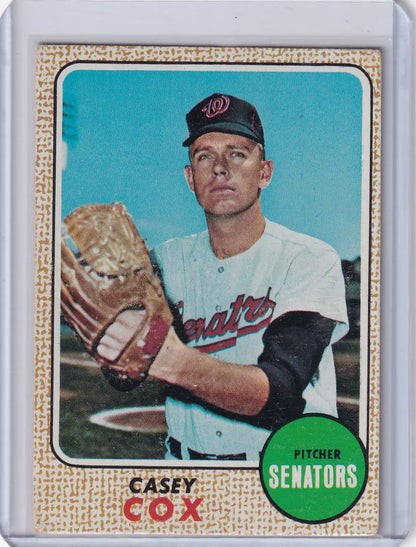Vintage 1968 Topps Baseball card of Casey Cox, Washington Senators pitcher in white uniform