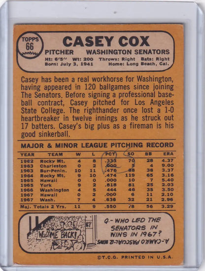 Vintage Topps Baseball card featuring Casey Cox of the Washington Senators