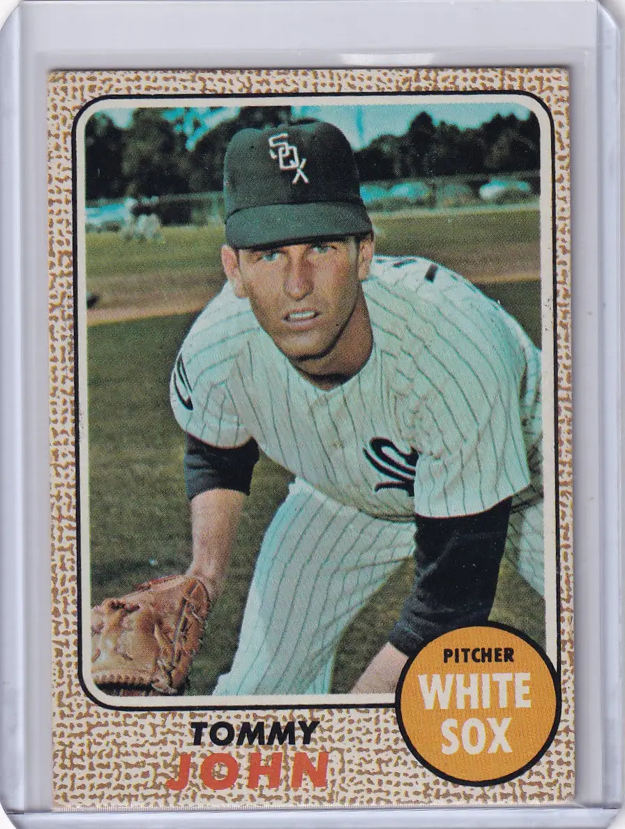 Vintage 1968 Topps Baseball card of Tommy John, Chicago White Sox pitcher in action