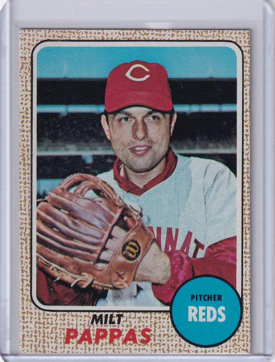 1968 Topps Baseball card of Milt Pappas in Cincinnati Reds uniform with glove