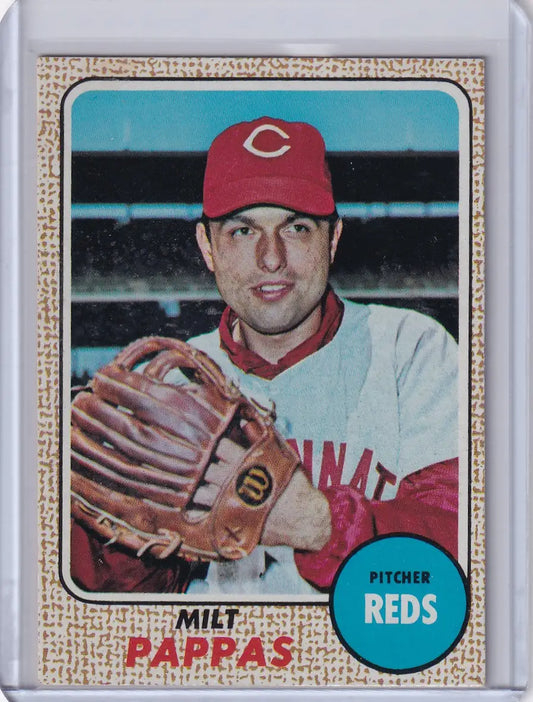 1968 Topps Baseball card of Milt Pappas in Cincinnati Reds uniform with glove
