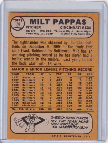 Topps Baseball card of Milt Pappas, Cincinnati Reds pitcher with career stats