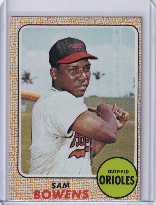 1968 Topps Baseball card of Sam Bowens, Baltimore Orioles outfielder in batting stance