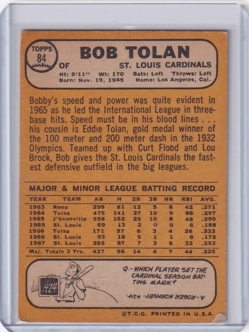 1968 Topps Baseball #84 Bob Tolan - St. Louis Cardinals