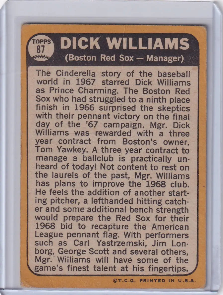 1968 Topps Baseball card of Dick Williams, Boston Red Sox manager