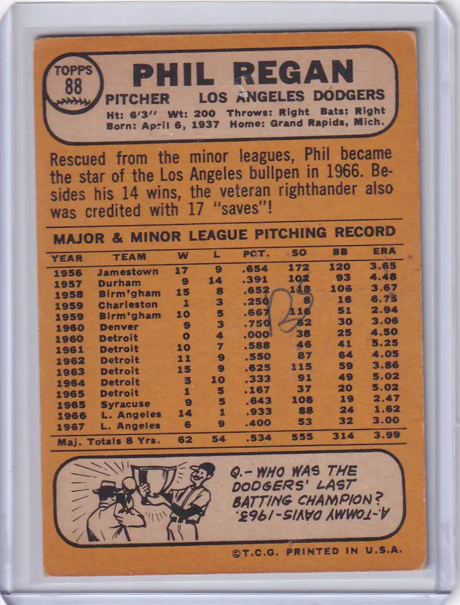 Baseball card of Phil Regan, Los Angeles Dodgers, 1968 Topps Baseball #88