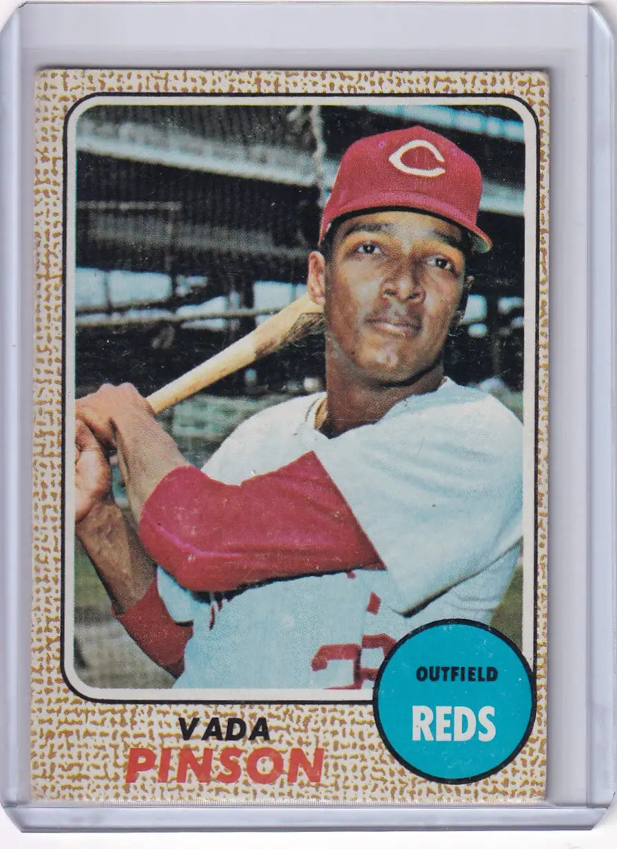 1968 Topps Baseball card of Vada Pinson in batting pose for Cincinnati Reds