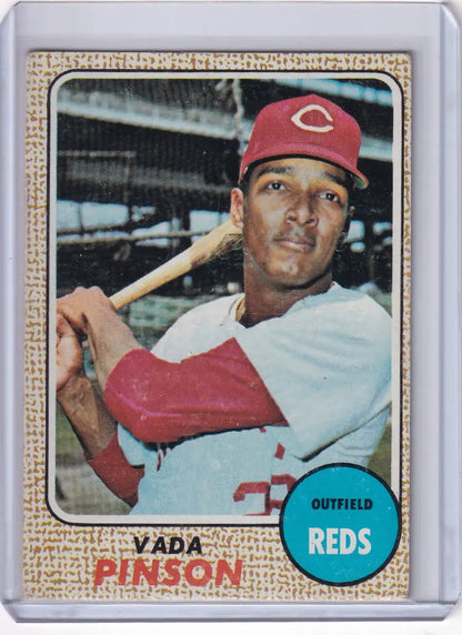 1968 Topps Baseball card of Vada Pinson in batting pose for Cincinnati Reds