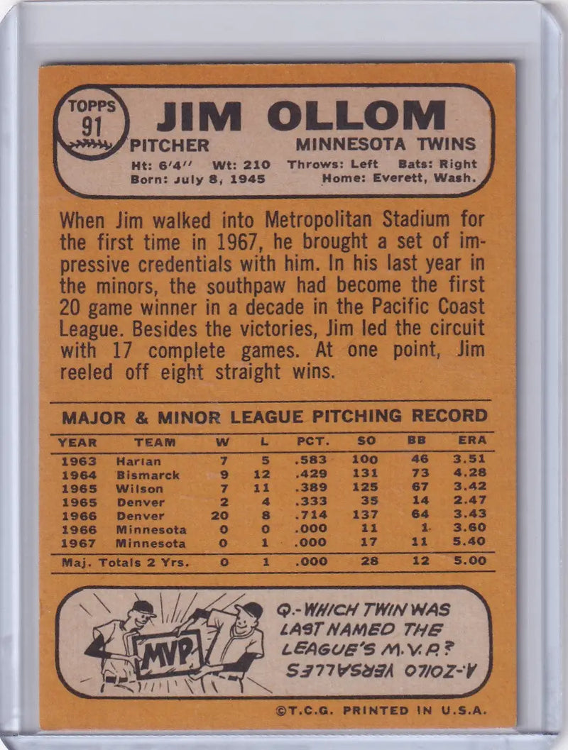 1968 Topps Baseball card featuring Jim Ollom, Minnesota Twins pitcher with stats