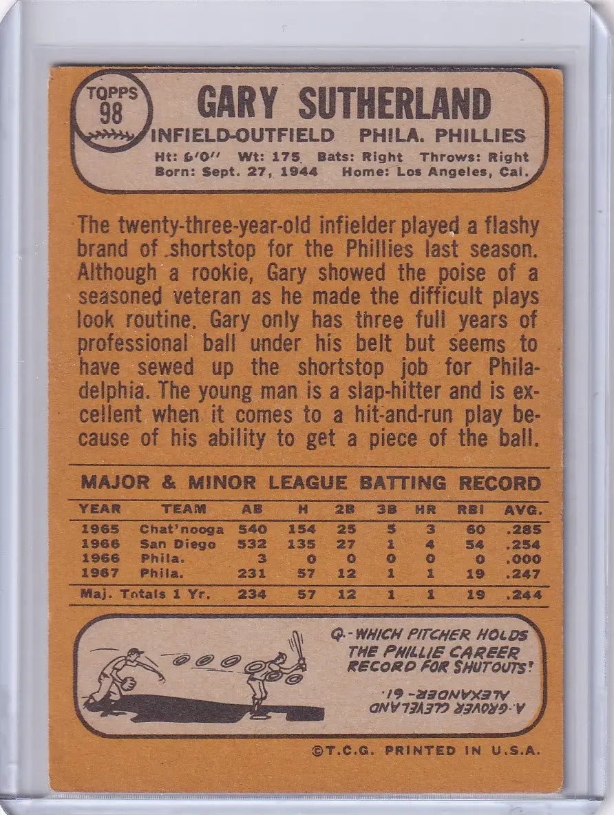 1968 Topps Baseball card featuring Gary Sutherland of the Philadelphia Phillies with stats