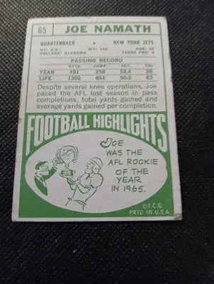 1968 Topps - Joe Namath #65. NY Jets. Crease. Edge Wear. VG - Football Card Single