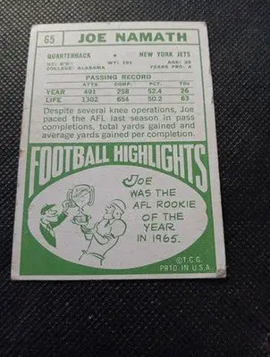 1968 Topps - Joe Namath #65. NY Jets. Crease. Edge Wear. VG - Football Card Single