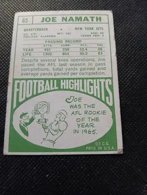 1968 Topps - Joe Namath #65. NY Jets. Crease. Edge Wear. VG - Football Card Single