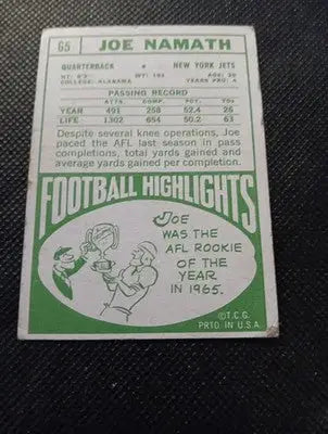 1968 Topps - Joe Namath #65. NY Jets. Crease. Edge Wear. VG - Football Card Single