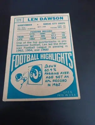 1968 Topps - Len Dawson #171. KC Chiefs. EX- EX+ - Football Card Single