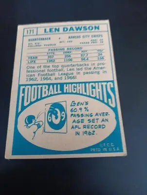 1968 Topps - Len Dawson #171. KC Chiefs. EX- EX+ - Football Card Single