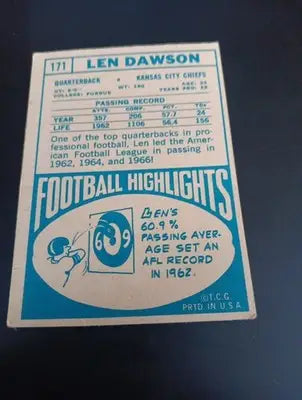 1968 Topps - Len Dawson #171. KC Chiefs. EX- EX+ - Football Card Single