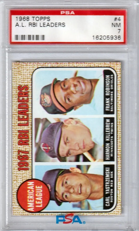 Graded 1968 Topps RBI Leaders baseball card featuring Killebrew Yaz Robinson PSA 7 NM