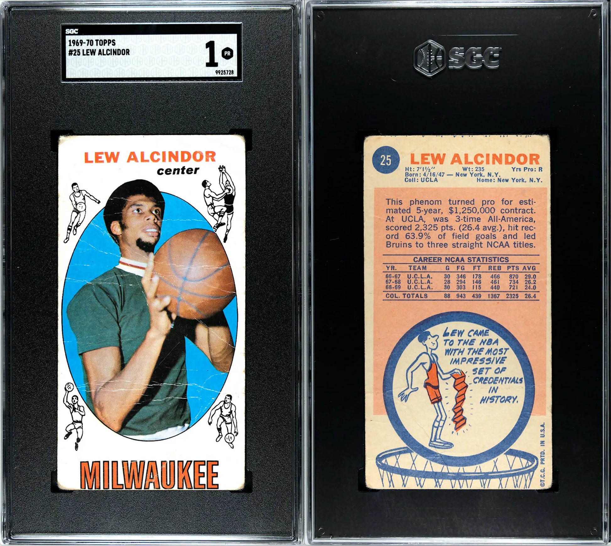 Graded Lew Alcindor Topps Basketball rookie card SGC 1 for collectors and trading cards fans