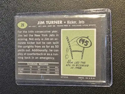 1969 Topps #29a Jim Turner Yellow dot between Jets and Kicker - Football Card Single