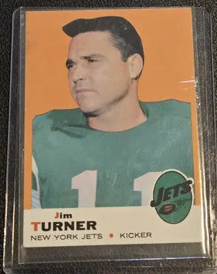 Jim Turner football card 1969 Topps #29a Jim Turner with yellow dot between Jets and Kicker