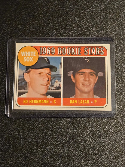 1969 Topps White Sox Rookie Stars baseball card featuring Ed Herrmann and Dan Lazar