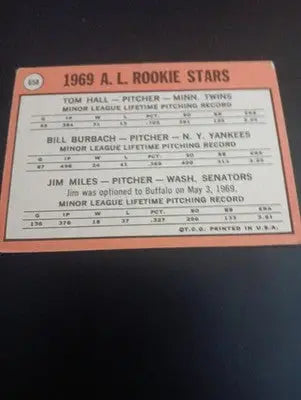 1969 Topps - AL Rookie Stars. Tom Hall Bill Burbach Jim Miles #658 (RC). EX+ - Baseball Card Single