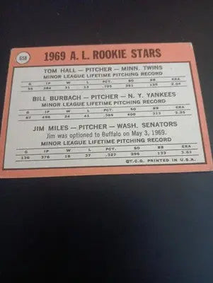 1969 Topps - AL Rookie Stars. Tom Hall Bill Burbach Jim Miles #658 (RC). EX+ - Baseball Card Single