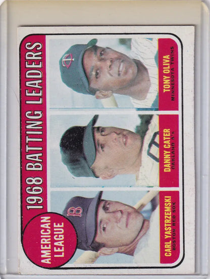 1968 Topps Baseball Card of A.L. Batting Leaders Yastrzemski, Cater, Oliva