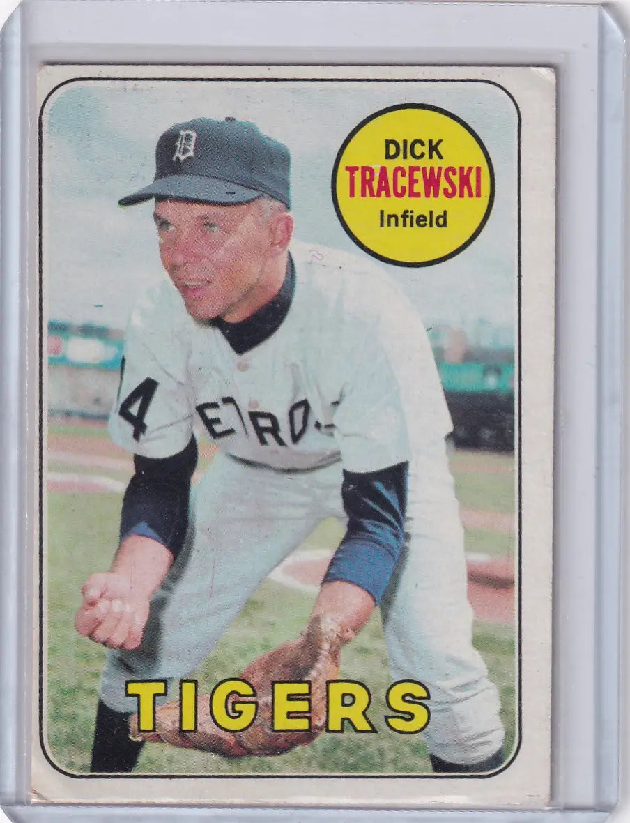Vintage 1969 Topps Baseball card of Dick Tracewski in Detroit Tigers home uniform