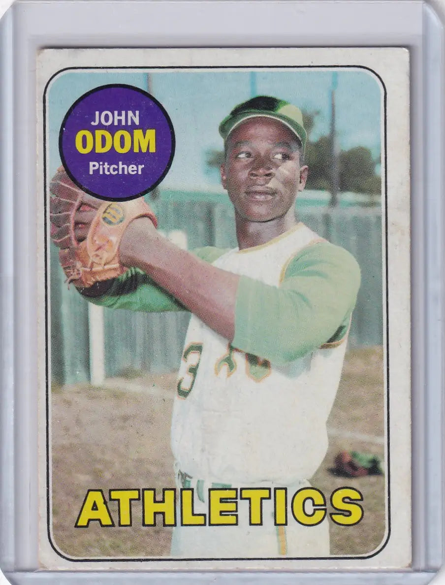 Vintage 1969 Topps Baseball card of John Odom in Oakland Athletics green uniform