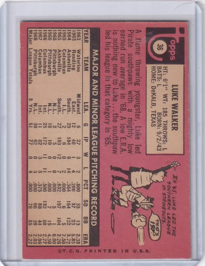 1969 Topps Baseball #36 Luke Walker - Pittsburgh Pirates