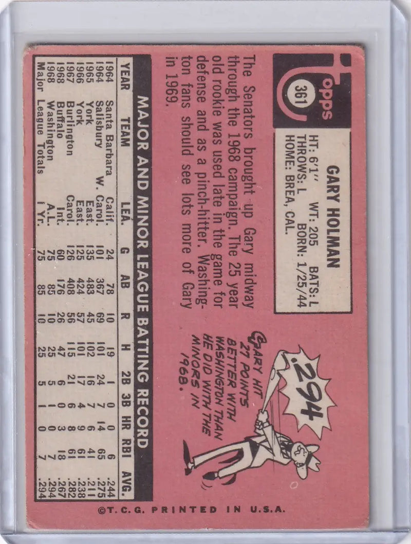 1969 Topps Baseball #361 Gary Holman - Washington Senators RC