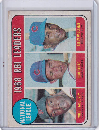 1968 National League RBI Leaders card featuring Willie McCovey and Chicago Cubs players