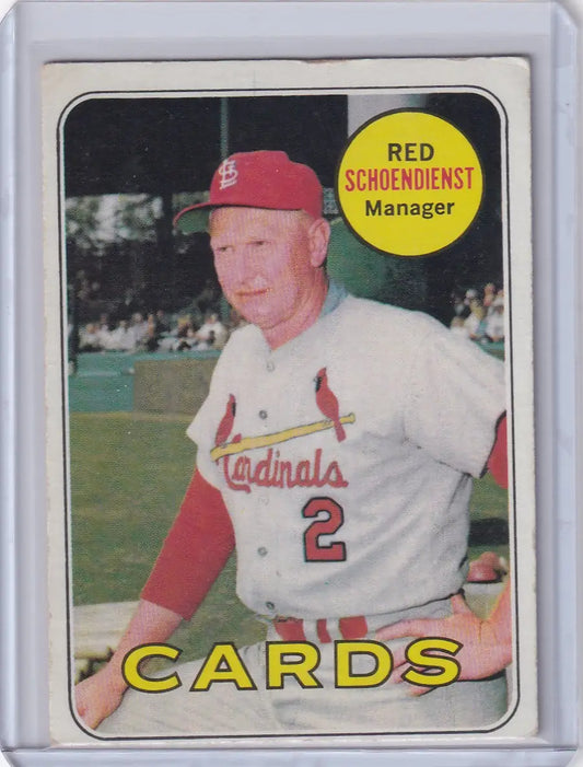 Vintage Topps Baseball card of Red Schoendienst with St. Louis Cardinals jersey number 2