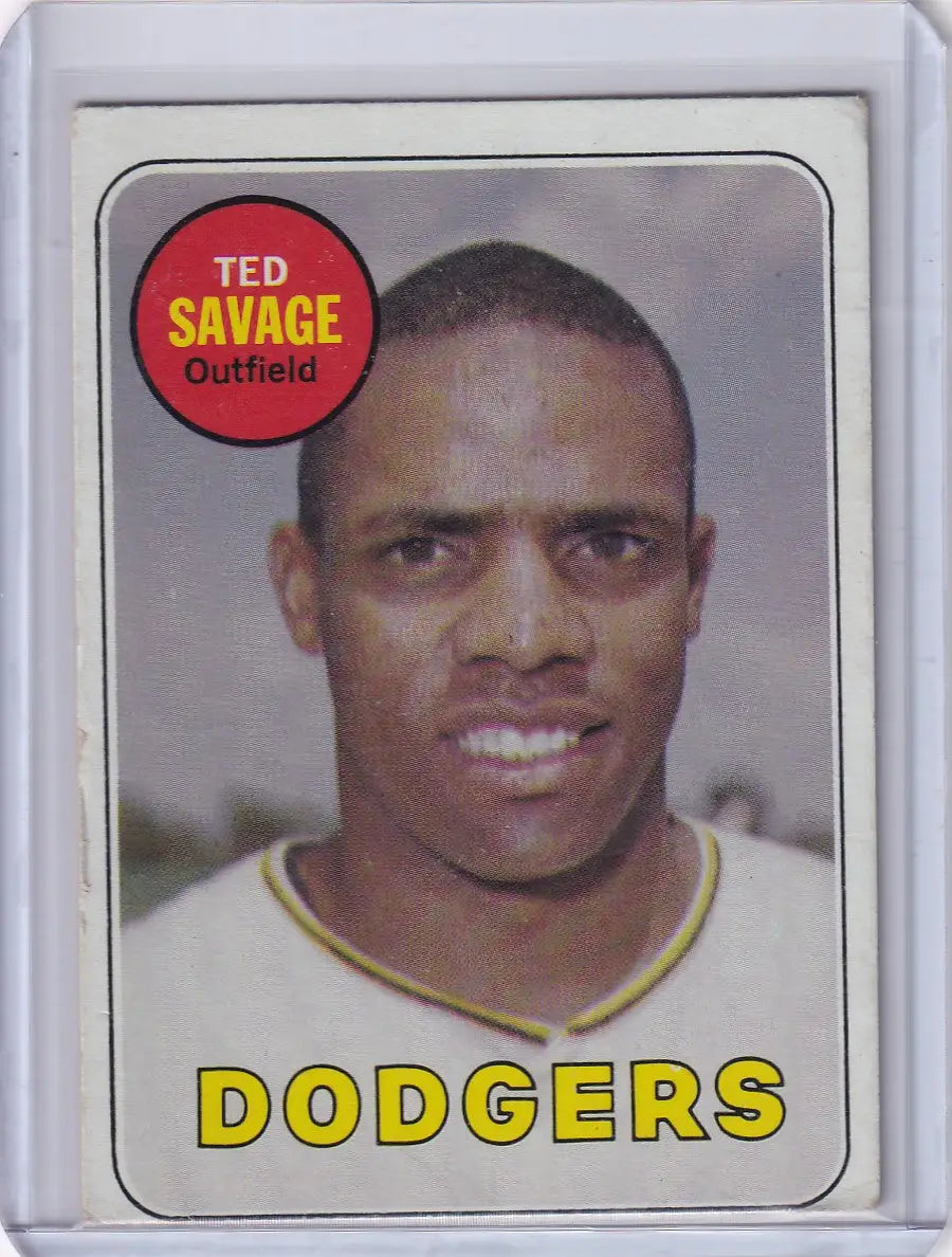 Baseball card of Ted Savage, smiling Los Angeles Dodgers outfielder from Topps Baseball