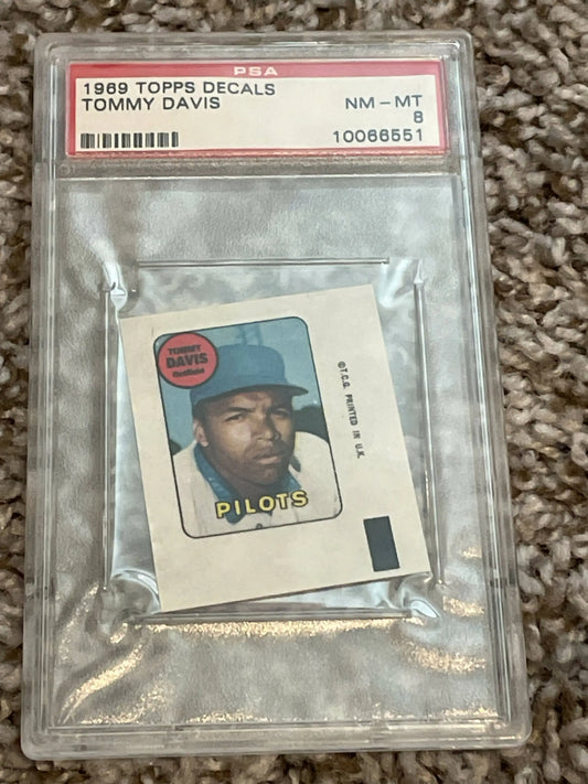 Tommy Davis baseball card in case from 1969 Topps Decals set, graded PSA 8