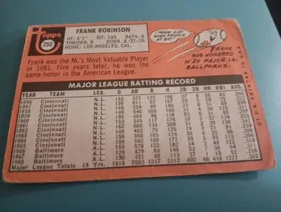 1969 Topps - Frank Robinson #250. Orioles. Front crease. Corner wear. VG - Baseball Card Single