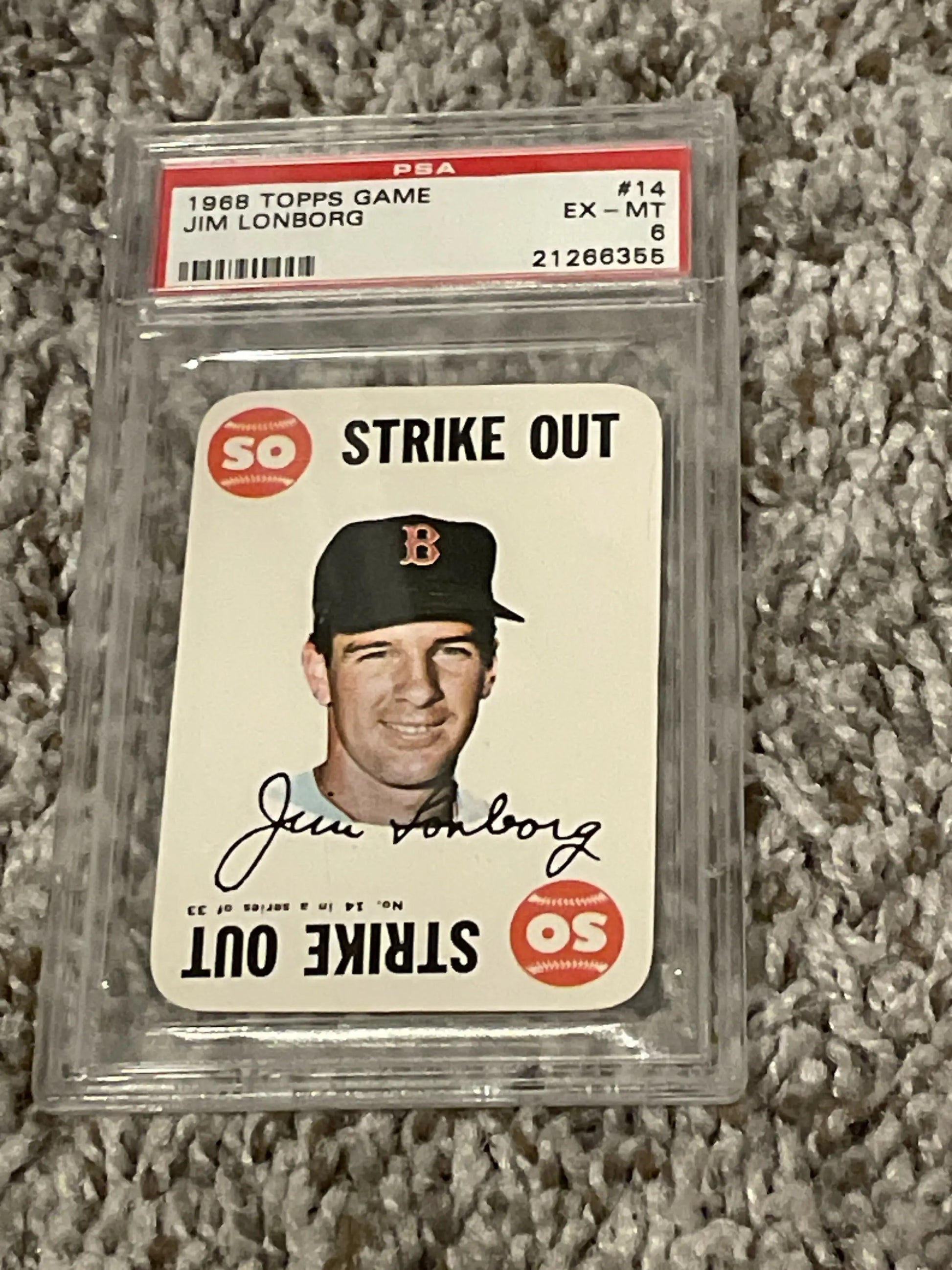 Graded Boston Red Sox trading card, 1969 Topps Game Lonborg PSA 6 in a protective case