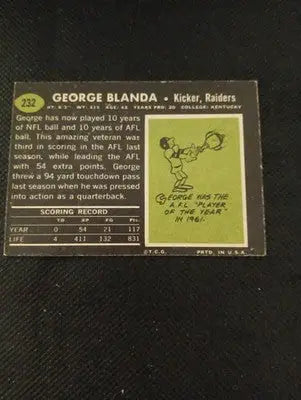 1969 Topps - George Blanda #232. Lower grade. Paper loss. Raiders. PR - GD - Football Card Single