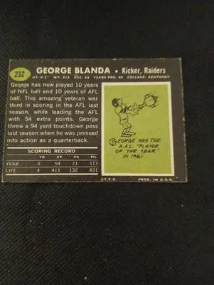 1969 Topps - George Blanda #232. Lower grade. Paper loss. Raiders. PR - GD - Football Card Single