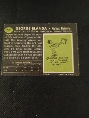 1969 Topps - George Blanda #232. Lower grade. Paper loss. Raiders. PR - GD - Football Card Single