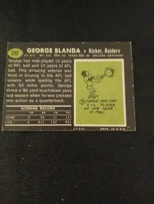 1969 Topps - George Blanda #232. Lower grade. Paper loss. Raiders. PR - GD - Football Card Single