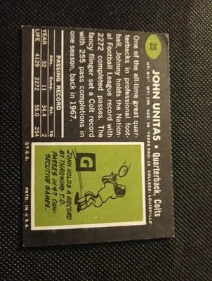 1969 Topps - Johnny Unitas #25. Baltimore Colts. EX. imperfect cut - Football Card Single