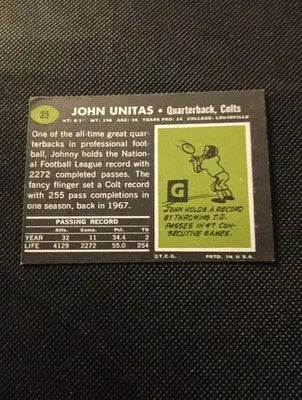 1969 Topps - Johnny Unitas #25. Baltimore Colts. EX. imperfect cut - Football Card Single