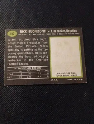 1969 Topps - Nick Buoniconti #192. Miami Dolphins. VG+ - Football Card Single