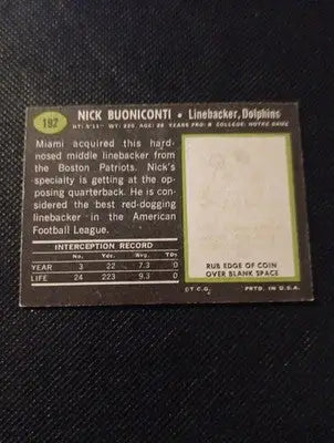 1969 Topps - Nick Buoniconti #192. Miami Dolphins. VG+ - Football Card Single