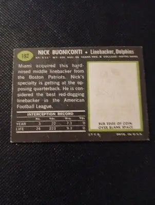 1969 Topps - Nick Buoniconti #192. Miami Dolphins. VG+ - Football Card Single