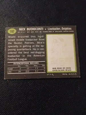 1969 Topps - Nick Buoniconti #192. Miami Dolphins. VG+ - Football Card Single